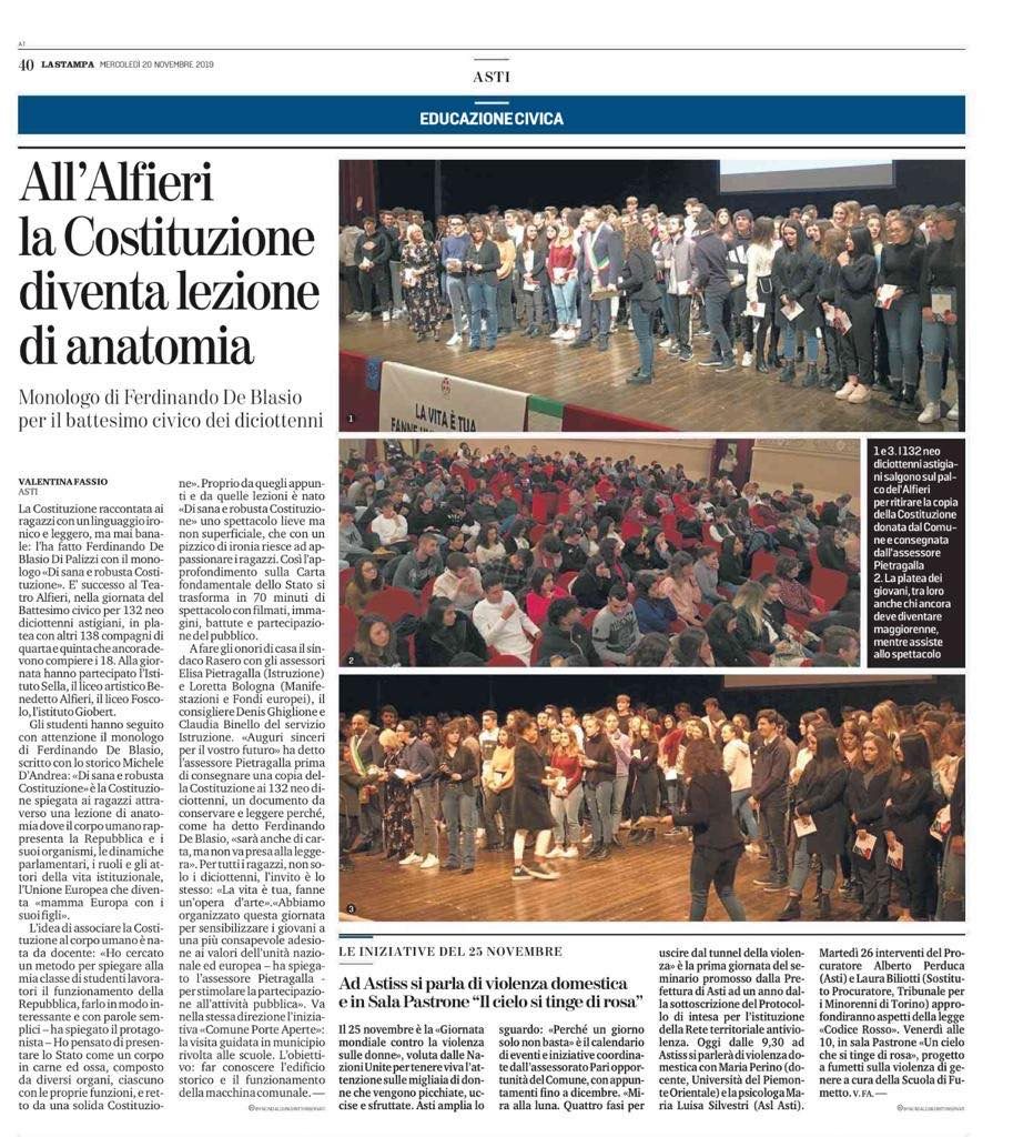 Pagina de La Stampa di Asti del 20 novembre 2019 con l'articolo All'Alfieri la Costituzione diventa lezione di anatomia